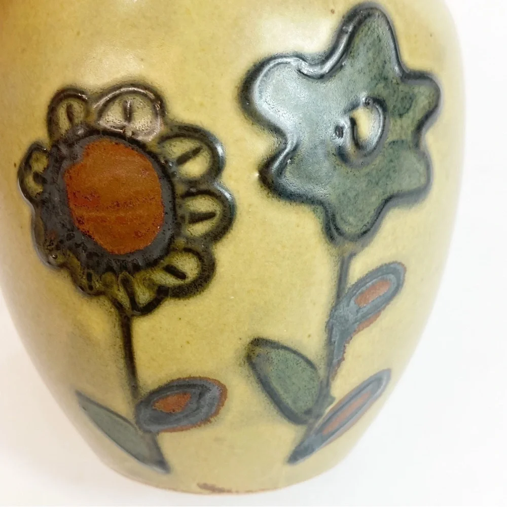 Vintage 70s Vibe Hand Painted Flowers Tan Pottery Vase